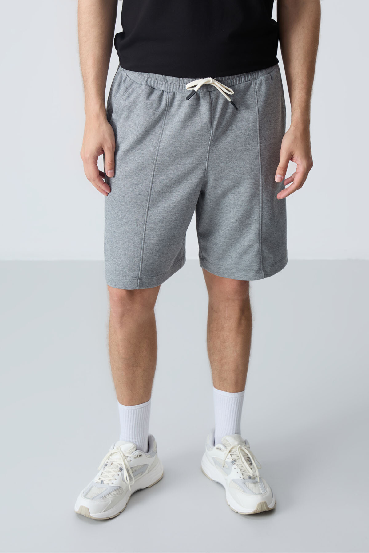 Gri Melanj Pamuklu Kalın Yumuşak Dokulu Standart Fit Basic Erkek Şort - 81277 - Air Jones