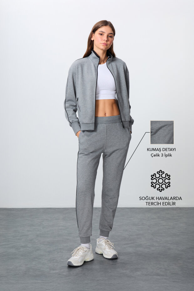 Gri Melanj Kompakt Pamuklu Kalın Pürüzsüz Dokulu Dik Yaka Oversize Fit Kadın Eşofman Takım - 95340 - 2