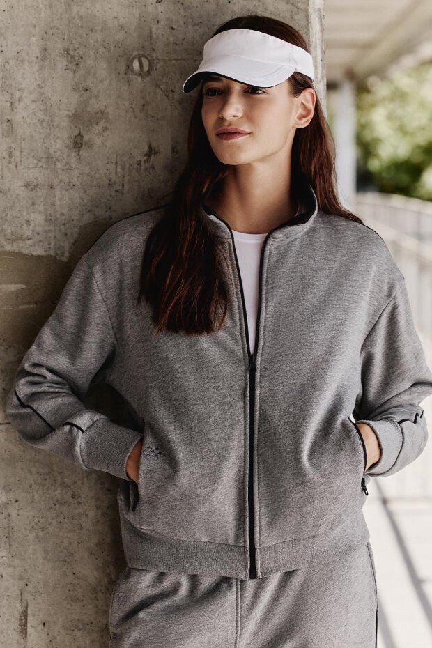 Gri Melanj Kompakt Pamuklu Kalın Pürüzsüz Dokulu Dik Yaka Oversize Fit Kadın Eşofman Takım - 95340 - 1