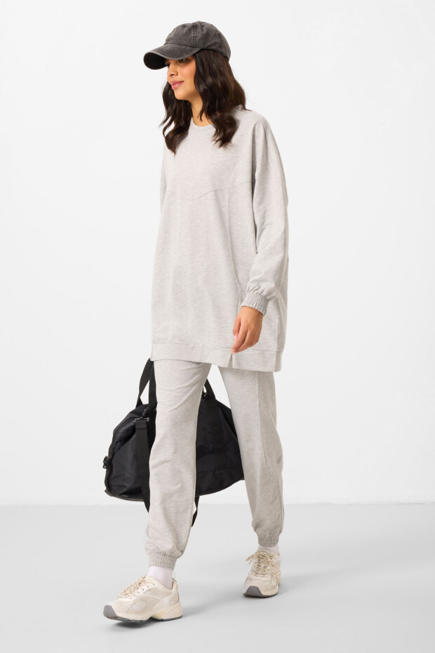 Gri Melanj O Yaka Basic Oversize Kadın Eşofman Tunik Takım - 95347 - 4