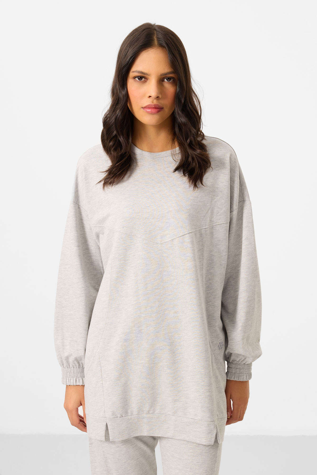 Gri Melanj O Yaka Basic Oversize Kadın Eşofman Tunik Takım - 95347 - TOMMYLIFE (1)