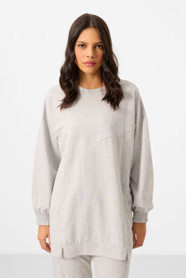 Gri Melanj O Yaka Basic Oversize Kadın Eşofman Tunik Takım - 95347 - TOMMYLIFE (1)