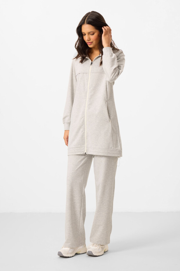 Gri Melanj Dik Yaka Fermuarlı Pamuklu Kadın Eşofman Tunik Takım - 95346 - 3