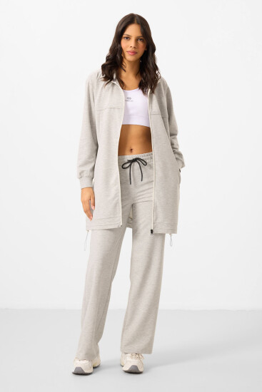 Gri Melanj Dik Yaka Fermuarlı Pamuklu Kadın Eşofman Tunik Takım - 95346 