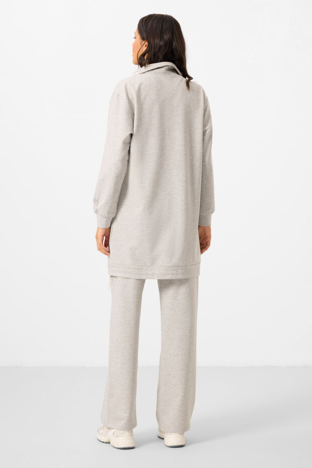 Gri Melanj Dik Yaka Fermuarlı Pamuklu Kadın Eşofman Tunik Takım - 95346 - 8