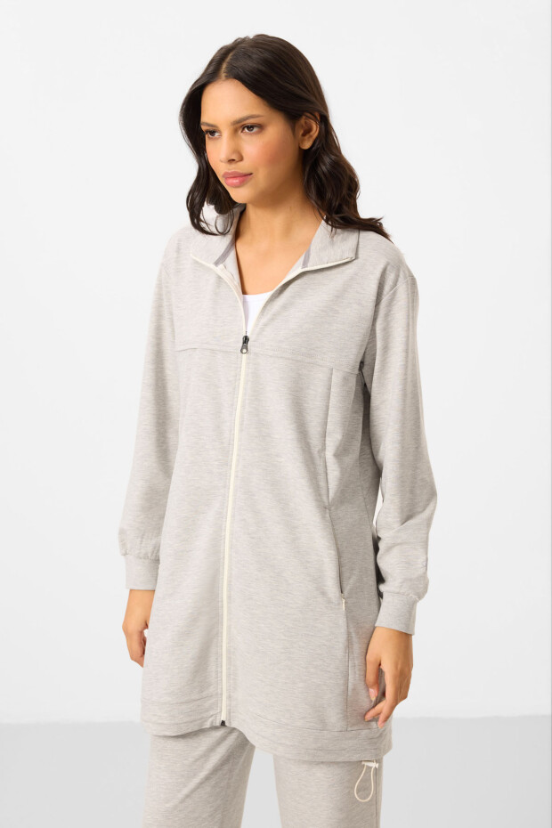 Gri Melanj Dik Yaka Fermuarlı Pamuklu Kadın Eşofman Tunik Takım - 95346 - 5