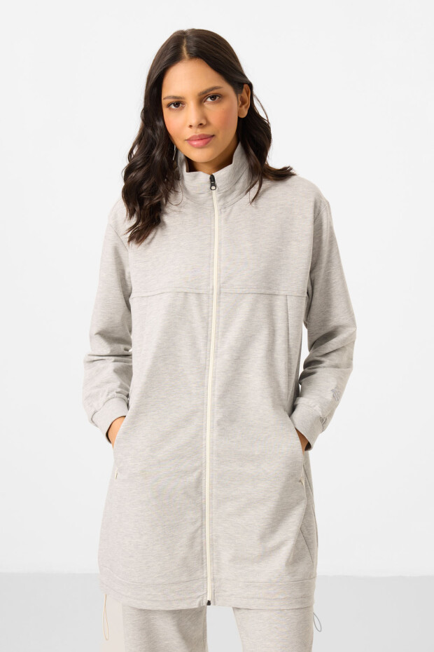 Gri Melanj Dik Yaka Fermuarlı Pamuklu Kadın Eşofman Tunik Takım - 95346 - 7