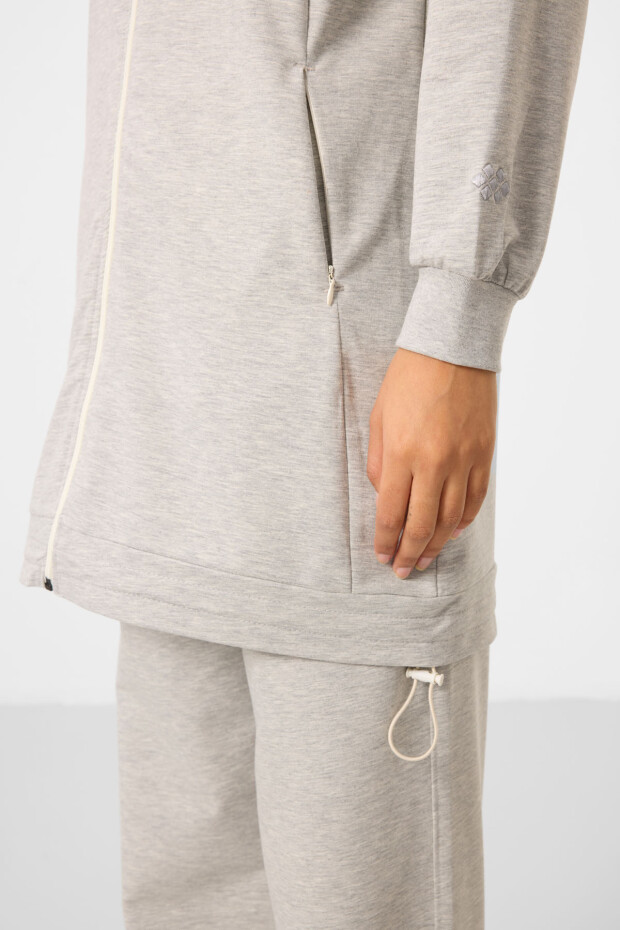 Gri Melanj Dik Yaka Fermuarlı Pamuklu Kadın Eşofman Tunik Takım - 95346 - 4