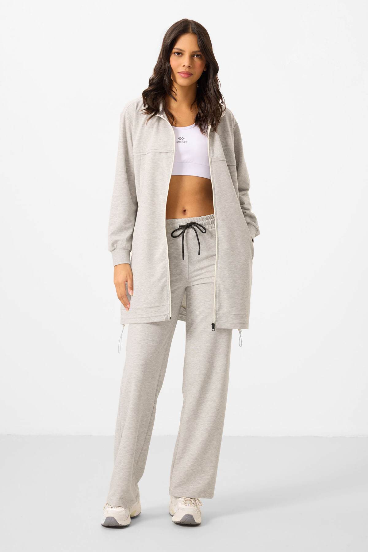 Gri Melanj Dik Yaka Fermuarlı Pamuklu Kadın Eşofman Tunik Takım - 95346 - TOMMYLIFE