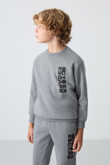 Gri Melanj Pamuklu Kalın İçi Tüylü Standart Fit Baskılı Erkek Çocuk Eşofman Takım - 11233 - TOMMYLIFE (1)