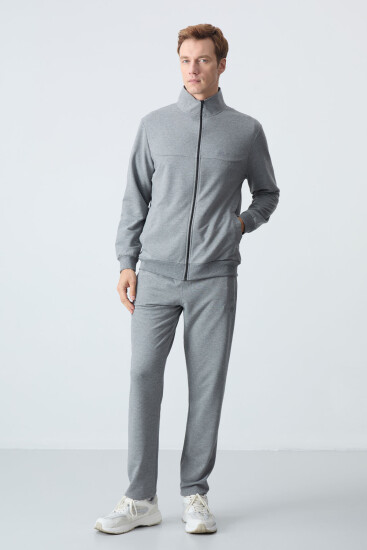 Gri Melanj Pamuklu Kalın Yumuşak Dokulu Comfort Fit Basic Erkek Eşofman Takım - 85260 