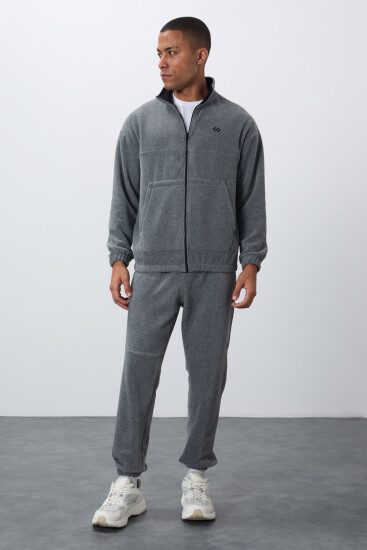 Gri Melanj Kalın Yumuşak Dokulu Comfort Fit Nakışlı Erkek Eşofman Takım - 85269 
