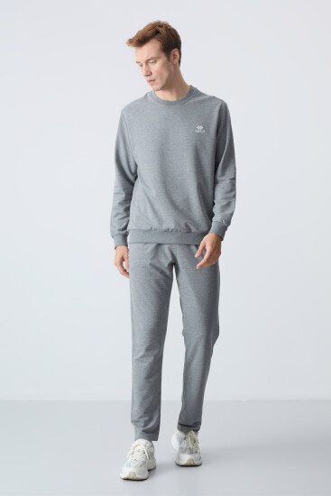 Gri Melanj Pamuklu Kalın Yumuşak Dokulu Comfort Fit Basic Erkek Eşofman Takım - 85256 