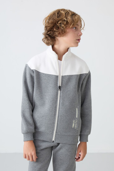 Gri Melanj Pamuklu Kalın İçi Tüylü Standart Fit Nakışlı Erkek Çocuk Eşofman Takım - 11240 - TOMMYLIFE (1)