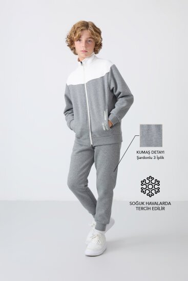 Gri Melanj Pamuklu Kalın İçi Tüylü Standart Fit Nakışlı Erkek Çocuk Eşofman Takım - 11240 - TOMMYLIFE