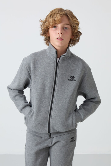 Gri Melanj Pamuklu Kalın İçi Tüylü Standart Fit Nakışlı Erkek Çocuk Eşofman Takım - 11256 - TOMMYLIFE (1)