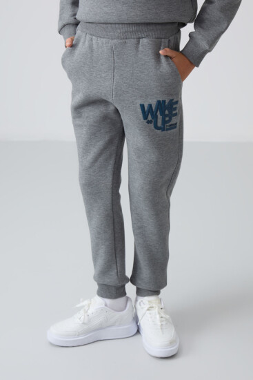 Gri Melanj Pamuklu Kalın İçi Tüylü Standart Fit Baskılı Erkek Çocuk Eşofman Takım - 11253 - TOMMYLIFE (1)