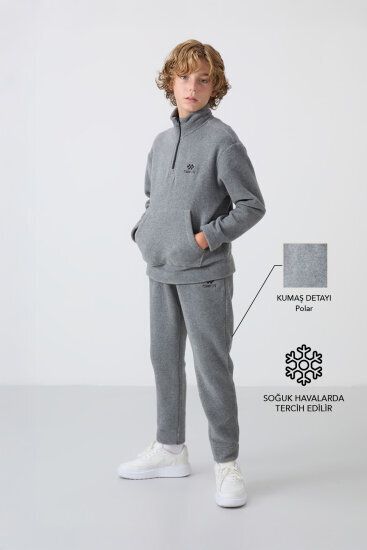 Gri Melanj Kalın Yumuşak Dokulu Standart Fit Nakışlı Polar Erkek Çocuk Eşofman Takım - 11218 - TOMMYLIFE