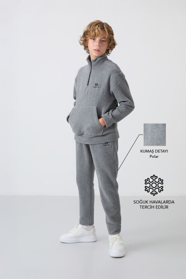 Gri Melanj Kalın Yumuşak Dokulu Standart Fit Nakışlı Polar Erkek Çocuk Eşofman Takım - 11218 - 1