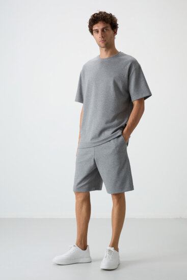 Gri Melanj Oversize Fit Basic Erkek Şort Takım - 85292 