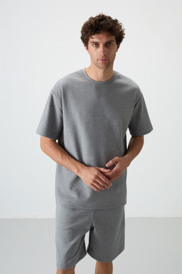 Gri Melanj Oversize Fit Basic Erkek Şort Takım - 85292 - 2