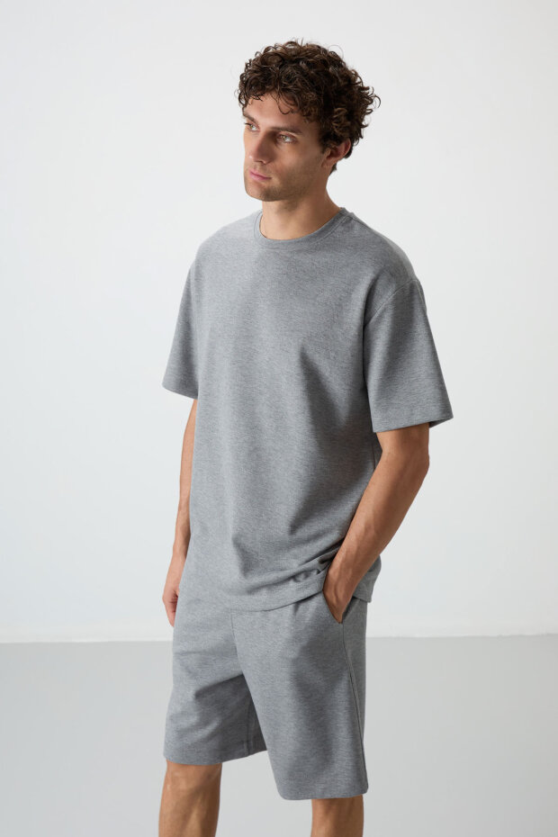 Gri Melanj Oversize Fit Basic Erkek Şort Takım - 85292 - 4