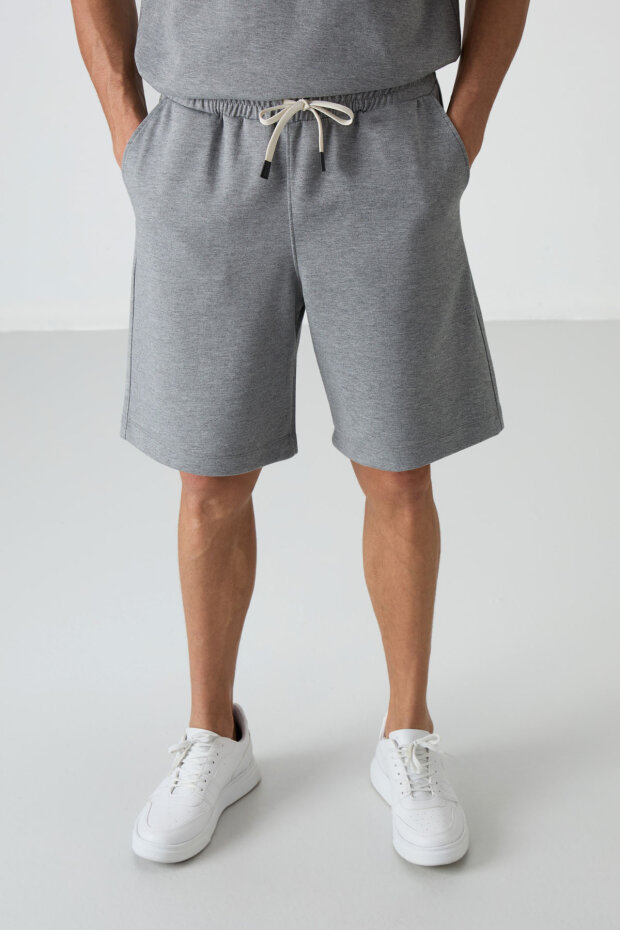 Gri Melanj Oversize Fit Basic Erkek Şort Takım - 85292 - 5