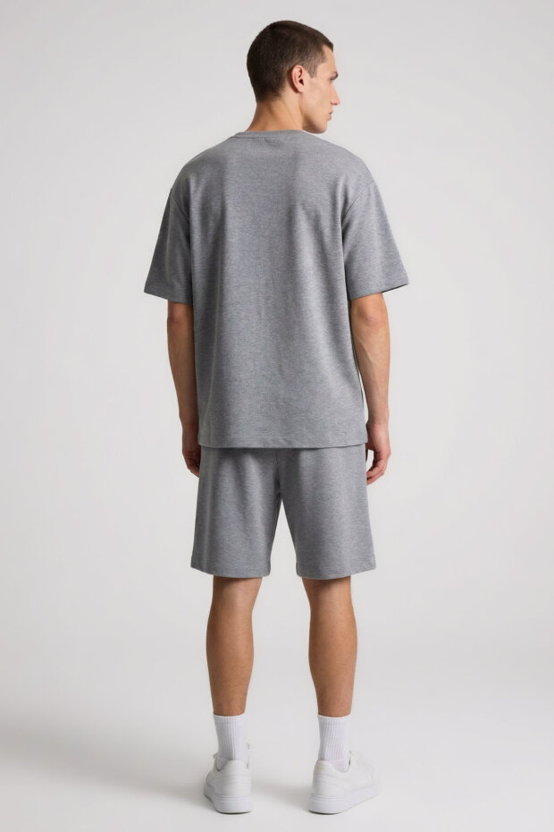 Gri Melanj Oversize Fit Basic Erkek Şort Takım - 85292 - 7