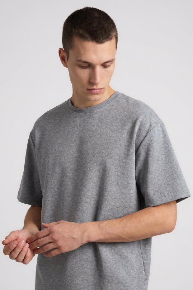 Gri Melanj Oversize Fit Basic Erkek Şort Takım - 85292 - 3