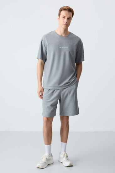 Gri Melanj Pamuklu Kalın Yumuşak Dokulu Oversize Fit Basic Erkek Şort Takım - 85257 