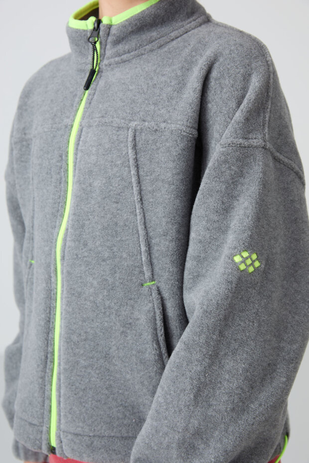 Gri Melanj Kalın Yumuşak Dokulu Standart Fit Nakışlı Polar Kız Çocuk Sweatshirt - 75157 - 3