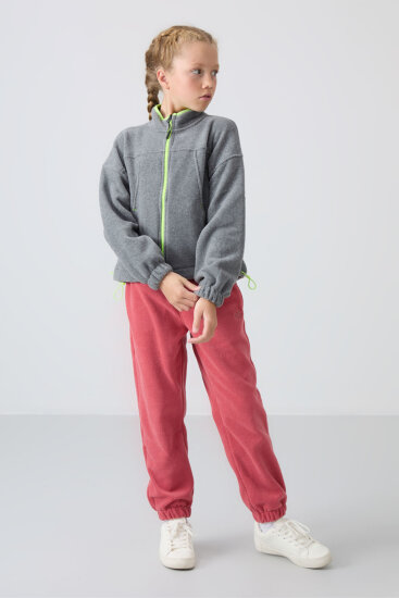 Gri Melanj Kalın Yumuşak Dokulu Standart Fit Nakışlı Polar Kız Çocuk Sweatshirt - 75157 