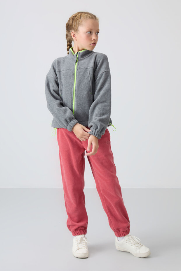 Gri Melanj Kalın Yumuşak Dokulu Standart Fit Nakışlı Polar Kız Çocuk Sweatshirt - 75157 - 1