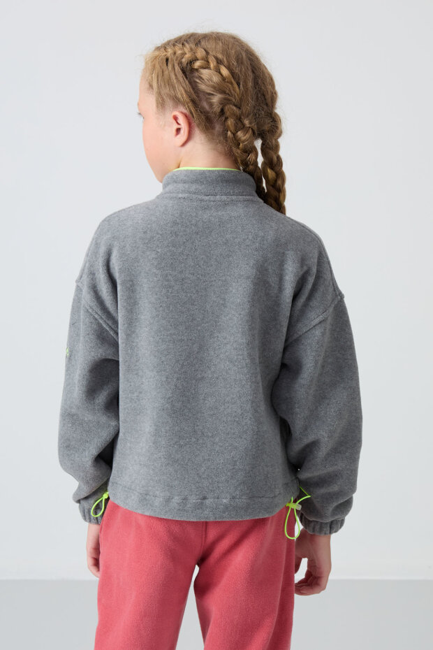 Gri Melanj Kalın Yumuşak Dokulu Standart Fit Nakışlı Polar Kız Çocuk Sweatshirt - 75157 - 5