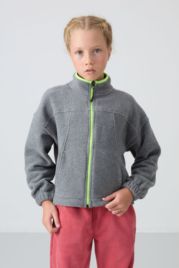 Gri Melanj Kalın Yumuşak Dokulu Standart Fit Nakışlı Polar Kız Çocuk Sweatshirt - 75157 - 2