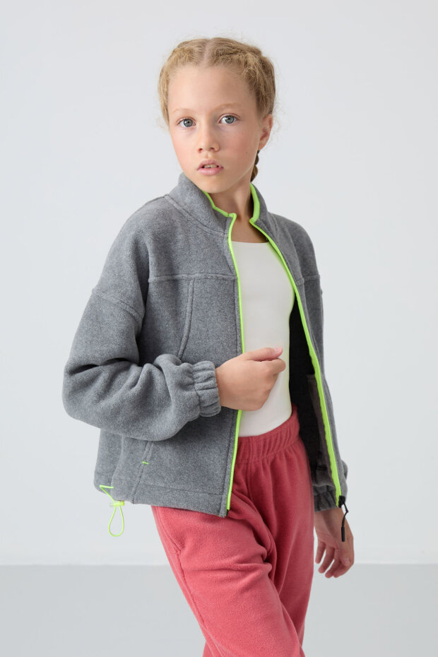 Gri Melanj Kalın Yumuşak Dokulu Standart Fit Nakışlı Polar Kız Çocuk Sweatshirt - 75157 - 4