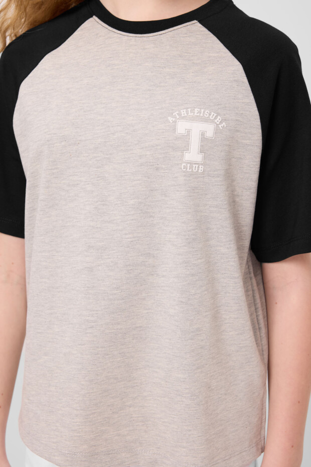 Gri Melanj O Yaka Pamuklu Baskılı Oversize Fit Kız Çocuk T-Shirt - 75179