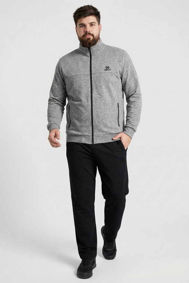 Gri Melanj - Siyah Dik Yaka Battal Büyük Beden Erkek Eşofman Takım - 85176 - 1