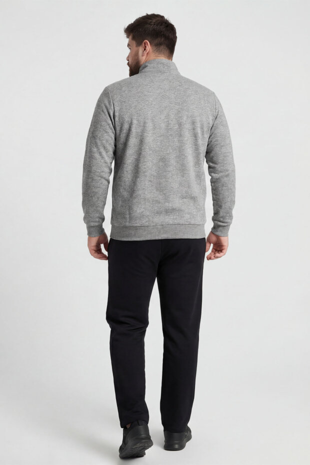 Gri Melanj - Siyah Dik Yaka Battal Büyük Beden Erkek Eşofman Takım - 85176 - 4