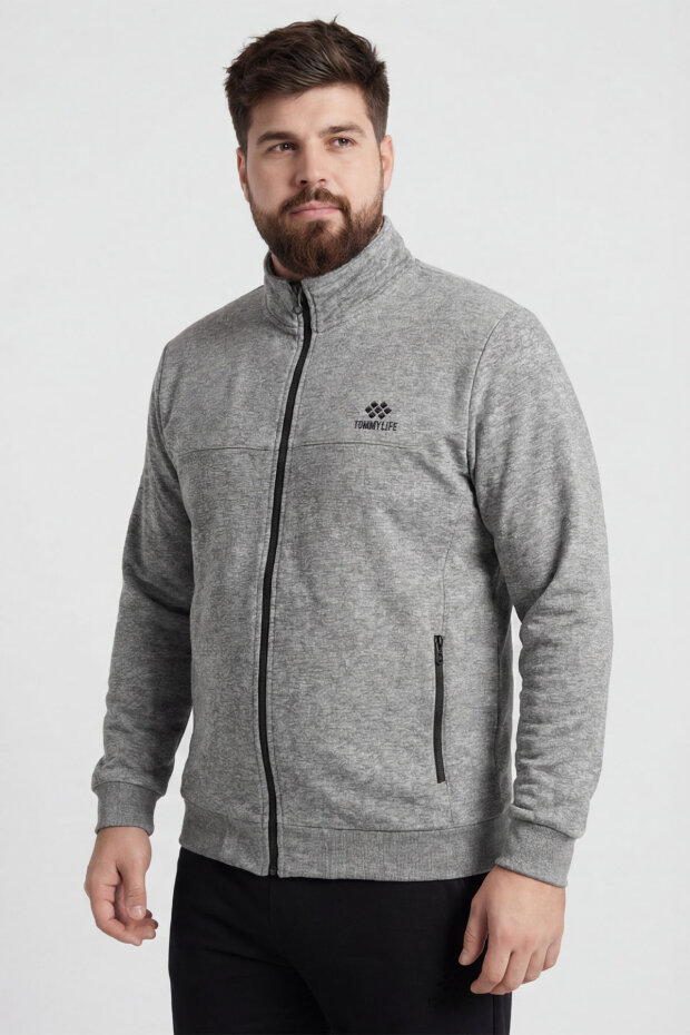 Gri Melanj - Siyah Dik Yaka Battal Büyük Beden Erkek Eşofman Takım - 85176 - 3