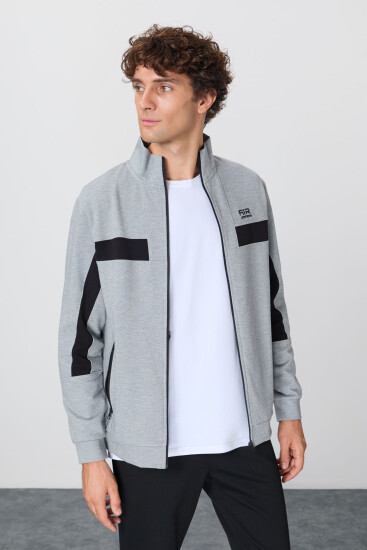 Gri Melanj-Siyah Yüzeyi Dokulu Standart Fit Nakışlı Erkek Eşofman Takım - 85248 - Air Jones (1)