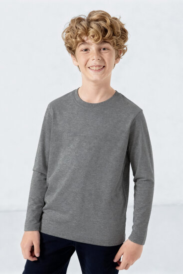Gri Melanj O Yaka Standart Fit Basic Uzun Kollu Unisex Çocuk T-Shirt - 11329 - TOMMYLIFE (1)