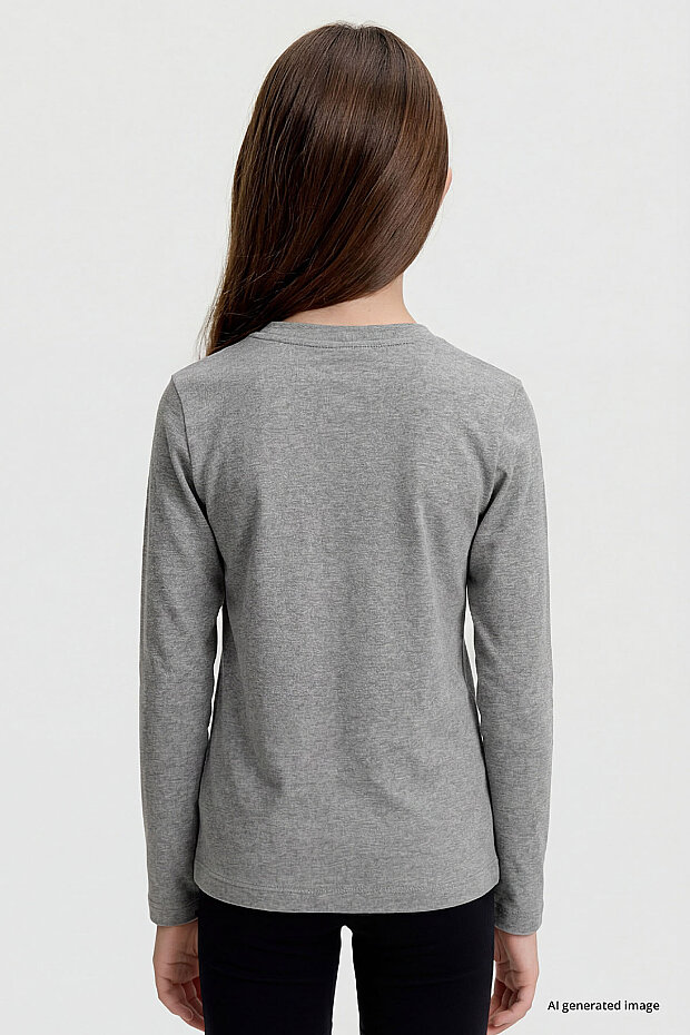 Gri Melanj O Yaka Standart Fit Basic Uzun Kollu Unisex Çocuk T-Shirt - 11329 - 5