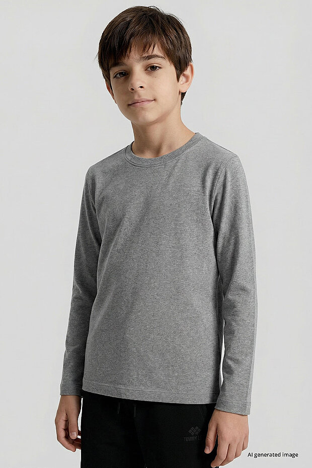 Gri Melanj O Yaka Standart Fit Basic Uzun Kollu Unisex Çocuk T-Shirt - 11329 - 2