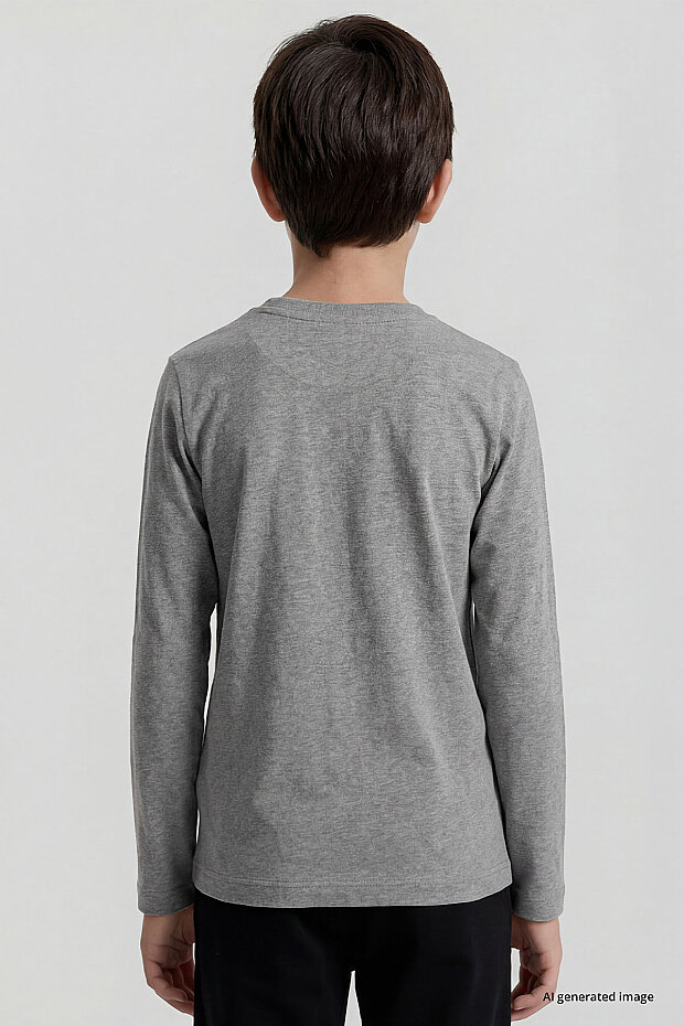 Gri Melanj O Yaka Standart Fit Basic Uzun Kollu Unisex Çocuk T-Shirt - 11329 - 7