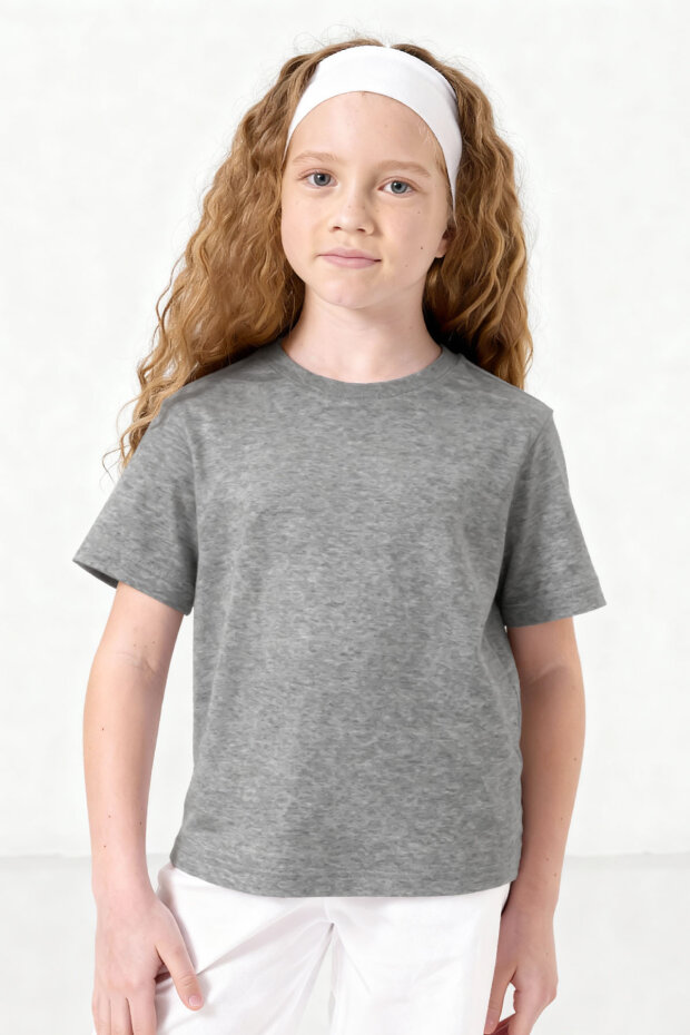 Gri Melanj O Yaka Standart Fit Basic Unisex Çocuk T-Shirt - 11328 - 3