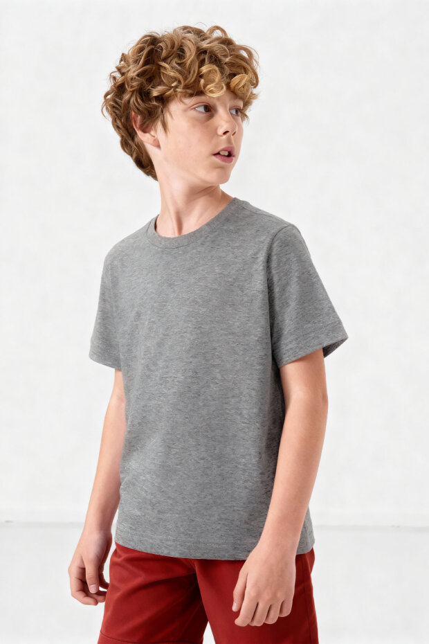 Gri Melanj O Yaka Standart Fit Basic Unisex Çocuk T-Shirt - 11328 - 2