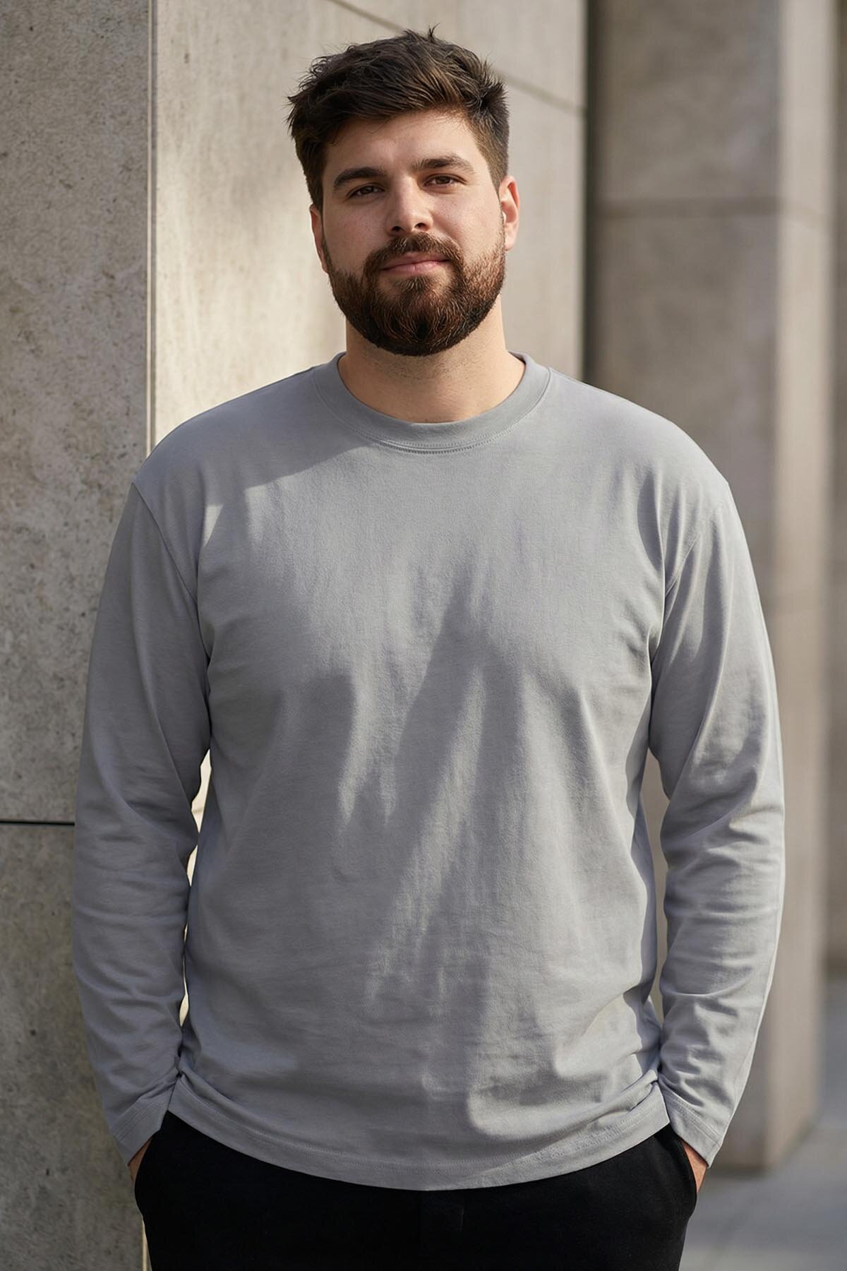 Gri O Yaka Rahat Form Battal Büyük Beden Uzun Kollu Erkek T-Shirt - 88107 - TOMMYLIFE