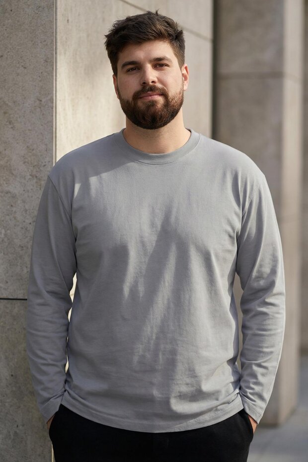 Gri O Yaka Rahat Form Battal Büyük Beden Uzun Kollu Erkek T-Shirt - 88107 - 1