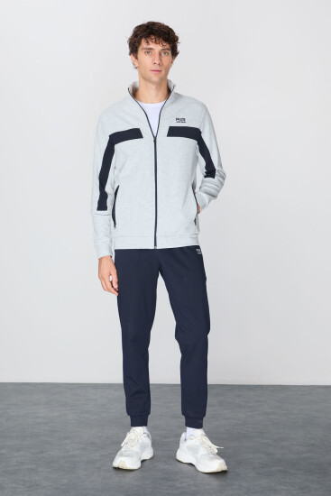 Gri-Lacivert Yüzeyi Dokulu Standart Fit Nakışlı Erkek Eşofman Takım - 85248 - Air Jones